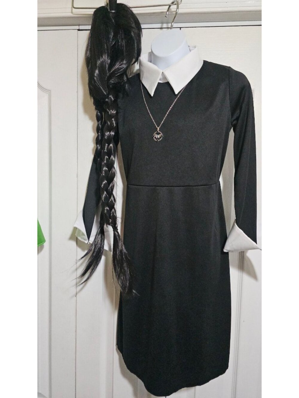 Wednesday Addams Costume Girls 10-12 Black Gothic Dress Wig Talisman Necklace
